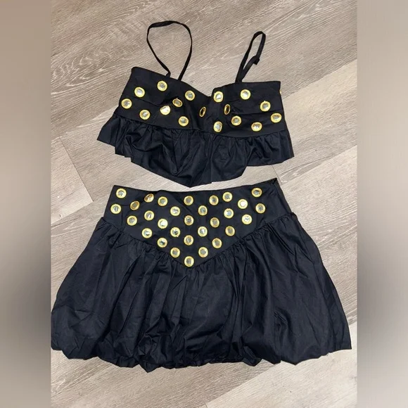 Black bubble skirt mirror embellished crop top set - Main Image